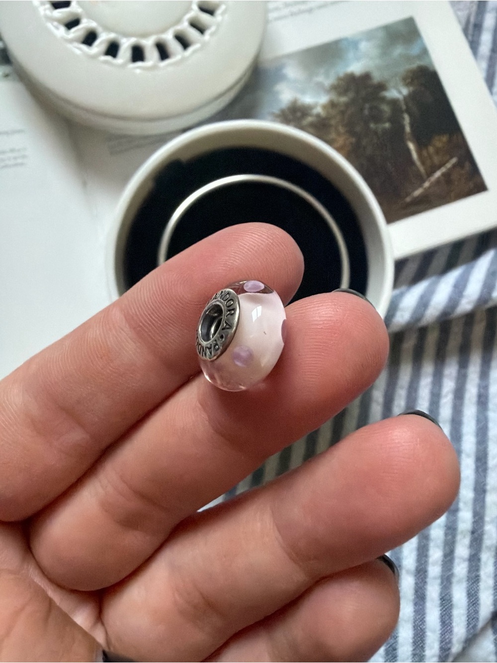 Pandora Pale Pink Glass Charm with Lilac Dots